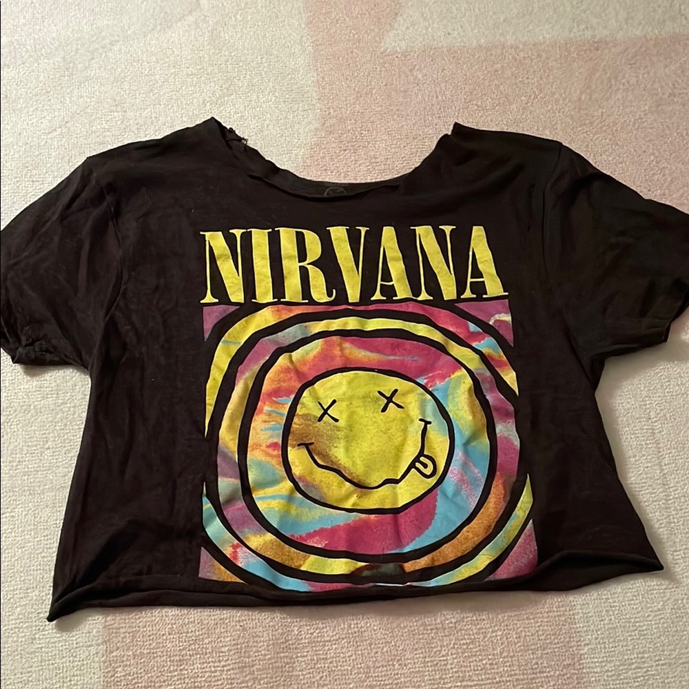 NIRVANA Black Crop Top with Multicolor Graphic off the shoulder